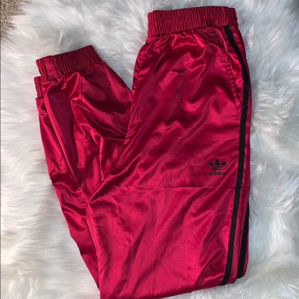 hot pink silk adidas joggers